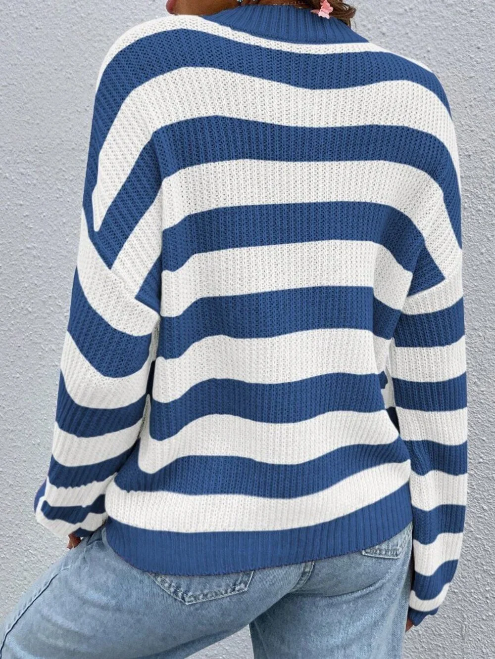 Multicolor Casual Women's Striped Drop Shoulder Knit Pullover Sweater - Picture 2 of 8